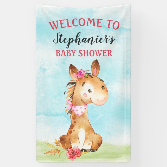 Watercolor Girl Horse Baby Shower Farm Banner (Vertical)