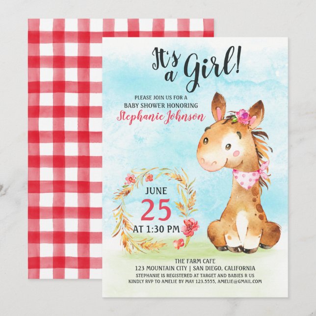 Watercolor Girl Horse Baby Shower Farm Invitation (Front/Back)