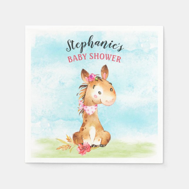 Watercolor Girl Horse Baby Shower Farm Napkin (Front)