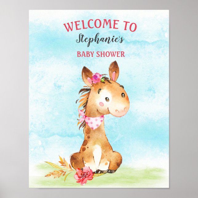 Watercolor Girl Horse Baby Shower Farm Poster (Front)