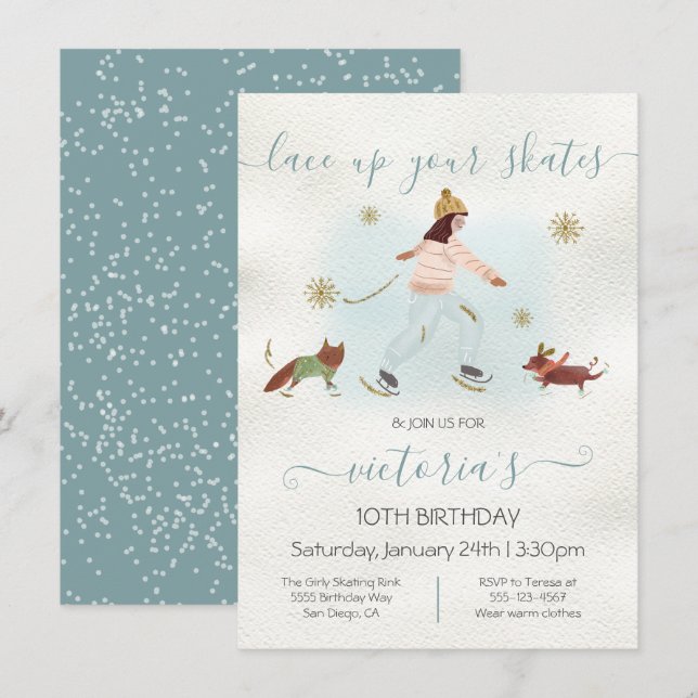 Watercolor Girl Ice Skating Snow Birthday Party Invitation (Front/Back)
