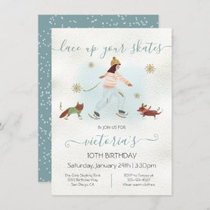 Watercolor Girl Ice Skating Snow Birthday Party Invitation