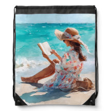 WATERCOLOR GIRL ON THE BEACH READING A BOOK
