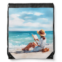 WATERCOLOR GIRL ON THE BEACH READING A BOOK