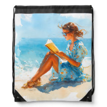 WATERCOLOR GIRL ON THE BEACH READING A BOOK