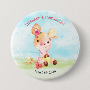 Watercolor Girl Piggy Baby Shower Farm 7.5 Cm Round Badge