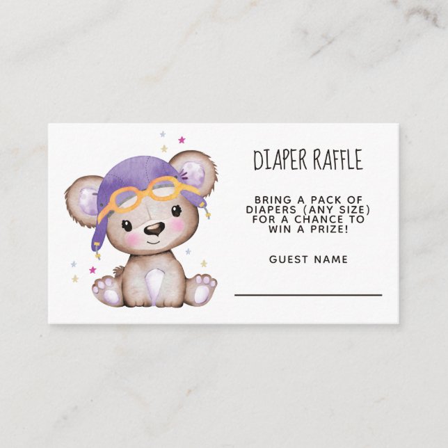 Watercolor Girl Pilot Teddy Bear Diaper Raffle Enclosure Card (Front)