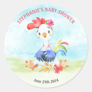 Watercolor Girl Rooster Baby Shower Farm Classic Round Sticker