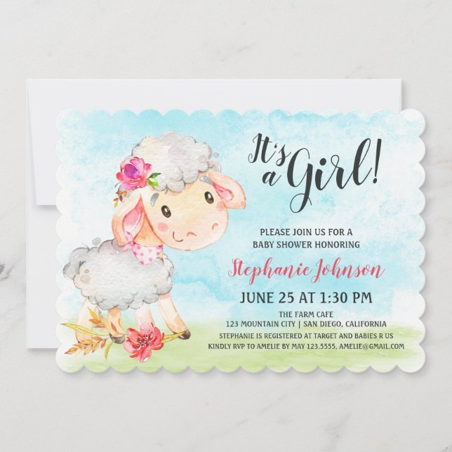 Watercolor Girl Sheep Baby Shower Farm Invitation (Front)