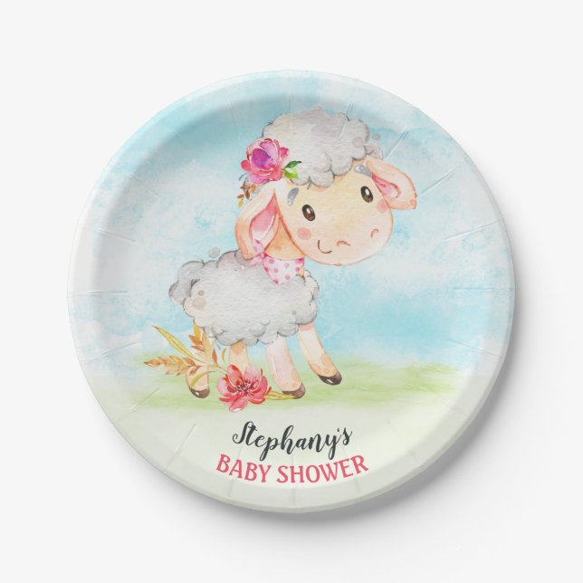 Watercolor Girl Sheep Baby Shower Farm Paper Plate (Front)