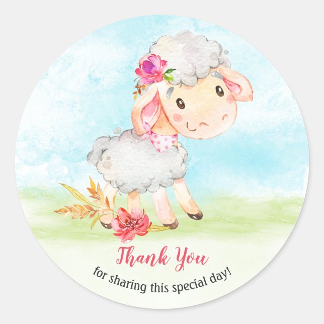 Watercolor Girl Sheep Farm Thank You Classic Round Sticker (Front)