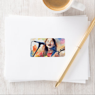 Watercolor Girl Singing and Playing Guitar, Colorf Label