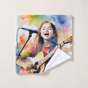 Watercolor Girl Singing and Playing Guitar, Colorf Wash Cloth
