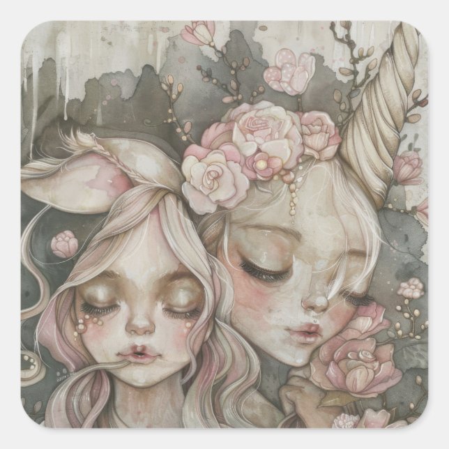 watercolor girl  square sticker (Front)