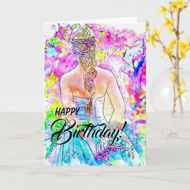 "Watercolor Girl" Sweet 16 Birthday Card (Yellow Flower)