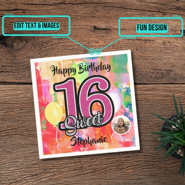 "Watercolor Girl" Sweet 16 Party Custom Napkin (Please enjoy our design and see the others in the collection.)