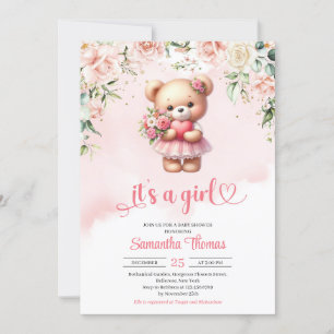 Watercolor girl teddy bear with heart and flowers  invitation