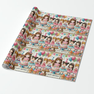 Watercolor Girls Happy Birthday Wrapping Paper