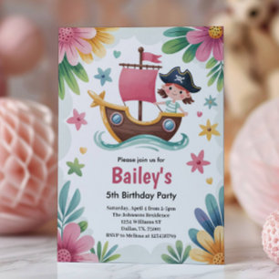 Watercolor Girls Pirate 5th Birthday Party Invitation