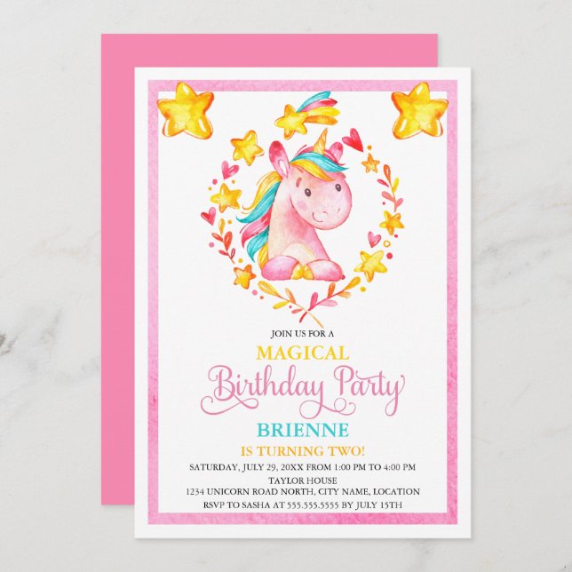 Watercolor Girl's Unicorn Birthday Party Invitation (Front/Back)