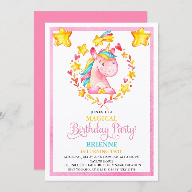 Watercolor Girl's Unicorn Birthday Party Invitation (Front/Back)