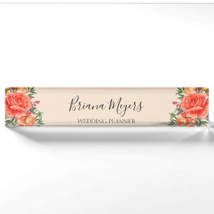 Watercolor Girly Modern Floral Orange Business Nameplate