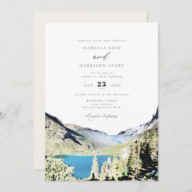 Watercolor Glacier National Park Outdoor Wedding Invitation (Front/Back)