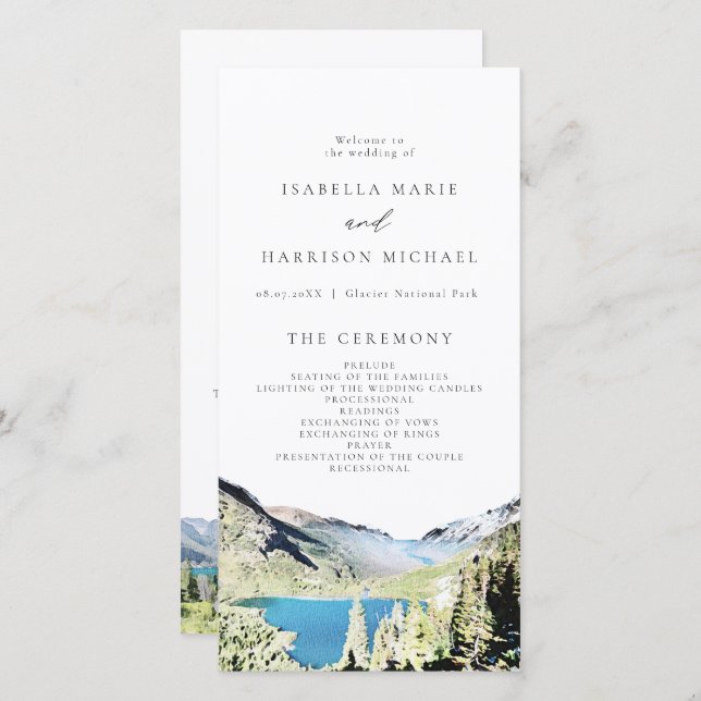 Watercolor Glacier National Park Wedding Program Thank You Card (Front/Back)