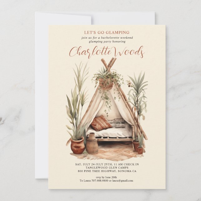Watercolor Glamping Bachelorette Camping Party Invitation (Front)
