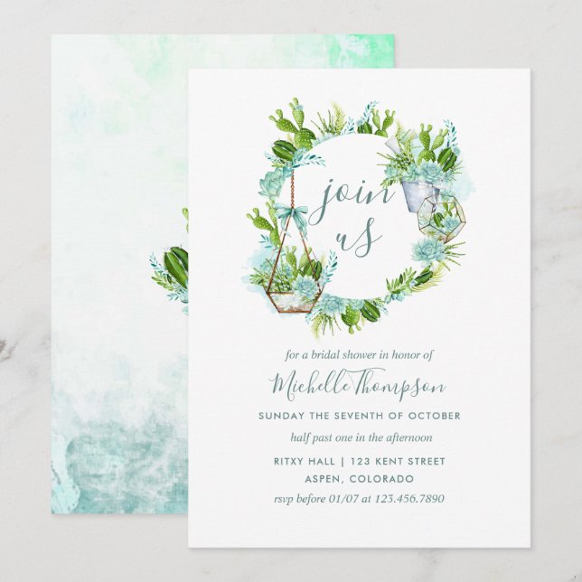 Watercolor Glass Terrarium Succulent Bridal Shower Invitation (Front/Back)