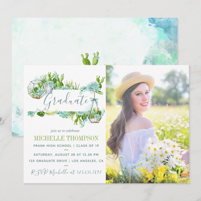 Watercolor Glass Terrarium Succulent Graduation Invitation (Front/Back)