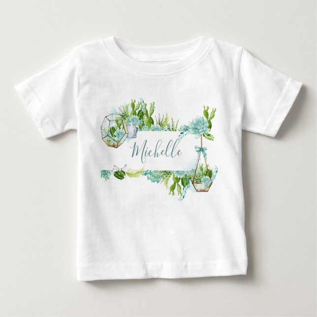 Watercolor Glass Terrarium Succulents Baby Shower Baby T-Shirt (Front)