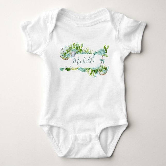 Watercolor Glass Terrarium Succulents Baby Shower Bodysuit (Front)