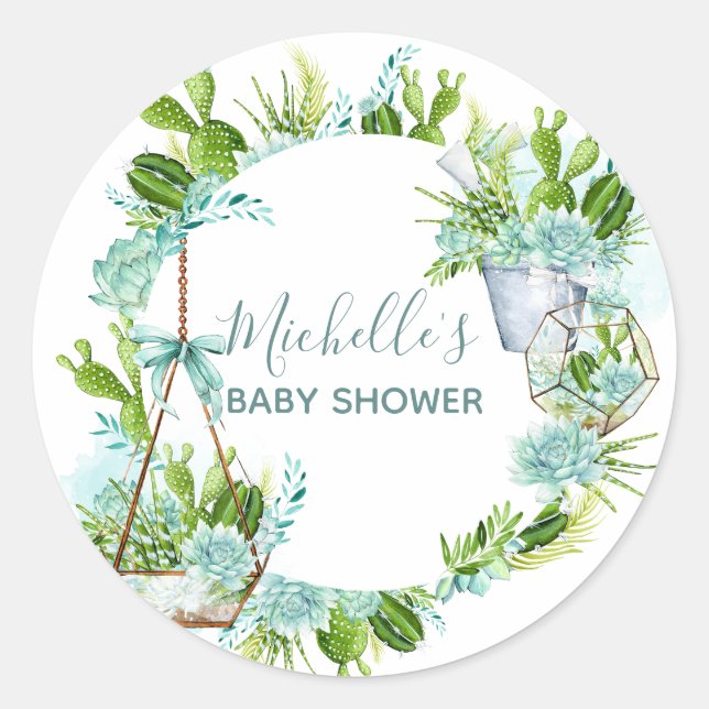 Watercolor Glass Terrarium Succulents Baby Shower Classic Round Sticker (Front)