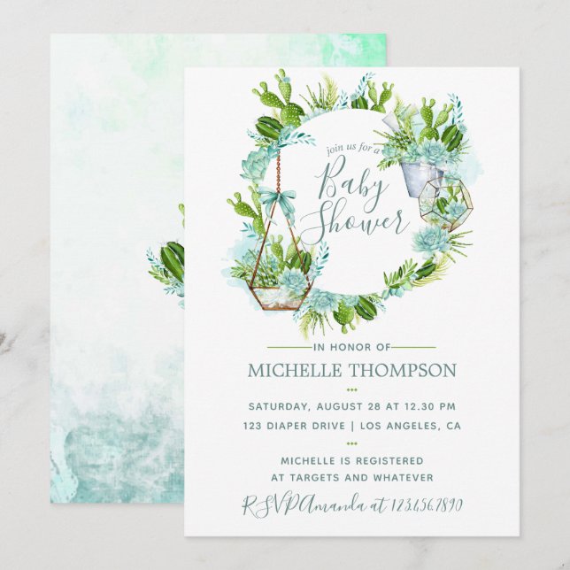 Watercolor Glass Terrarium Succulents Baby Shower Invitation (Front/Back)