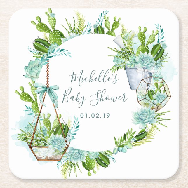 Watercolor Glass Terrarium Succulents Baby Shower Square Paper Coaster (Front)