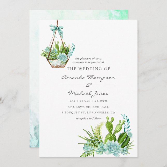 Watercolor Glass Terrarium Succulents Wedding Invitation (Front/Back)