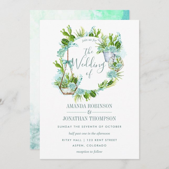 Watercolor Glass Terrarium Succulents Wedding Invitation (Front/Back)