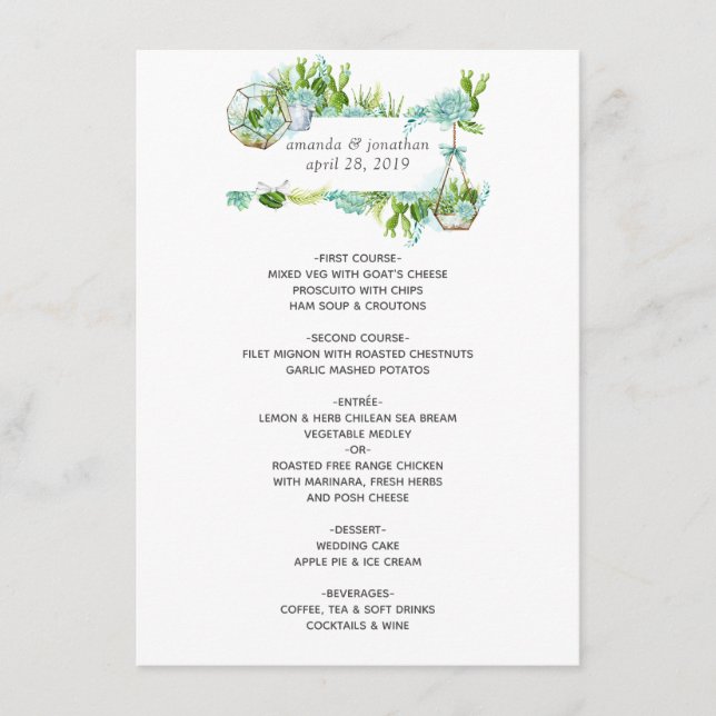 Watercolor Glass Terrarium Succulents Wedding Menu (Front)
