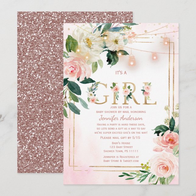 Watercolor Glitter Baby Girl SHOWER BY MAIL Invitation (Front/Back)