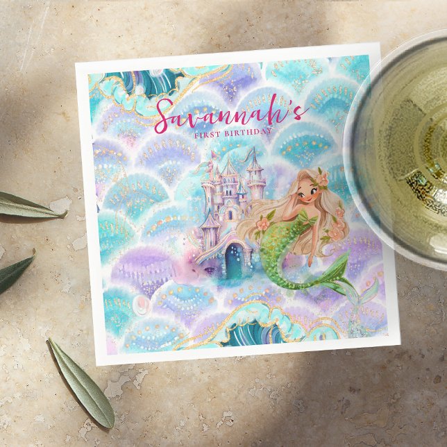 Watercolor Glitter Mermaid Birthday Napkin (Creator Uploaded)