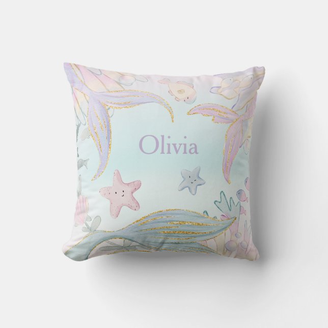 Watercolor Glitter Mermaid Tails Under the Sea Cushion (Front)
