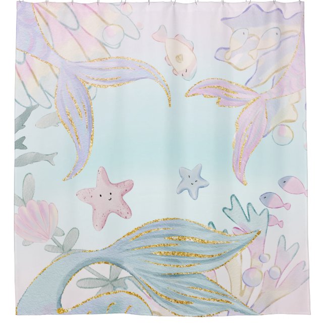 Watercolor Glitter Mermaid Tails Under the Sea Shower Curtain (Front)