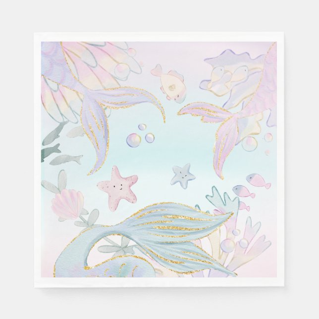 Watercolor Glitter Mermaid Under the Sea Party Napkin (Front)