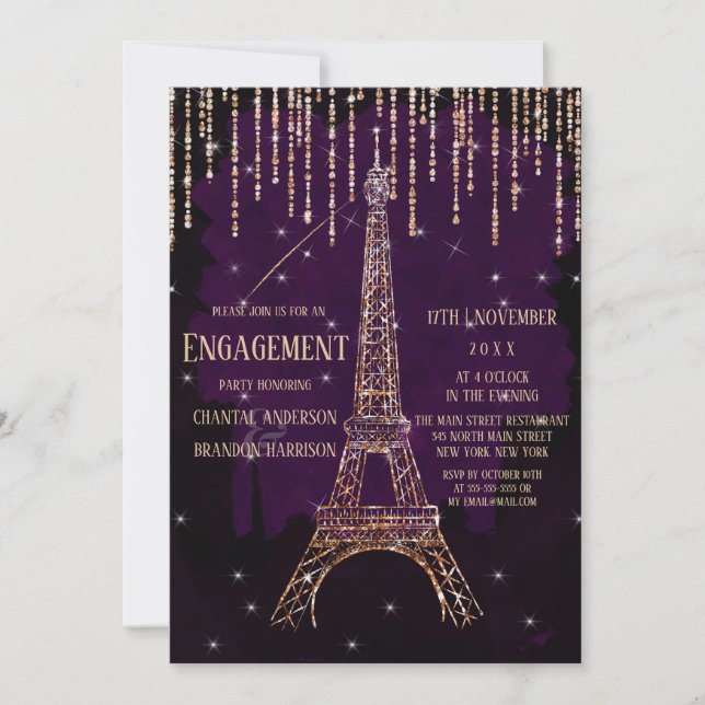 Watercolor Glitter Paris Eiffel Tower Engagement Invitation (Front)