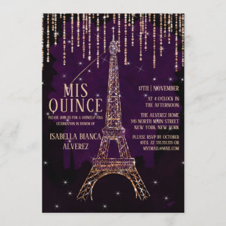 Watercolor Glitter Paris Eiffel Tower Quinceañera Invitation
