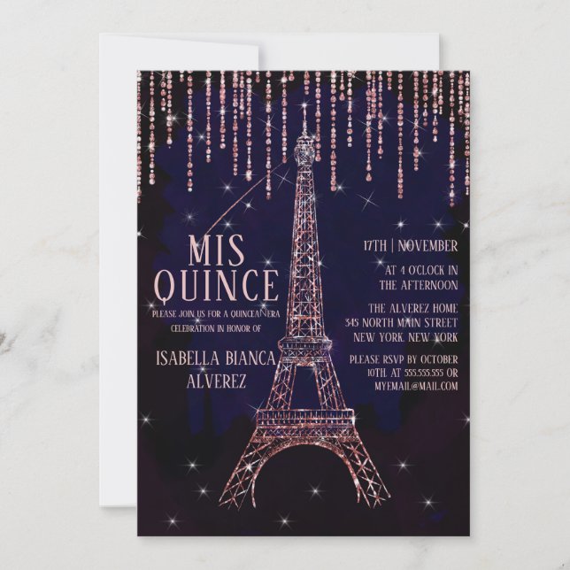 Watercolor Glitter Paris Eiffel Tower Quinceañera Invitation (Front)