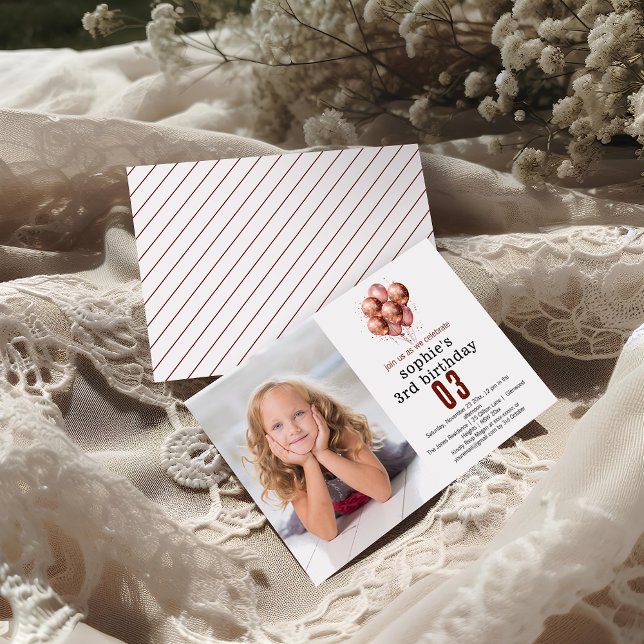 Watercolor Glitter Rose Gold balloon 3rd birthday Invitation (Creator Uploaded)