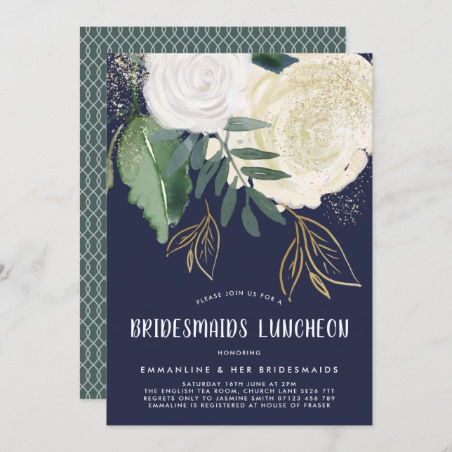 Watercolor & Glitter Roses Bridesmaids Luncheon Invitation (Front/Back)