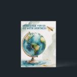 Watercolor Globe Art - Wherever You Go Holiday Postcard<br><div class="desc">Realistic watercolor illustration of a globe with continents and oceans in fine detail, accompanied by a delicate paper airplane. Set against a soft off-white background, this serene travel-inspired artwork features the calming quote: "Wherever You Go, Go with Lightness." Perfect for dreamers, travelers, and gentle souls. Ideal for wall art, notebooks,...</div>